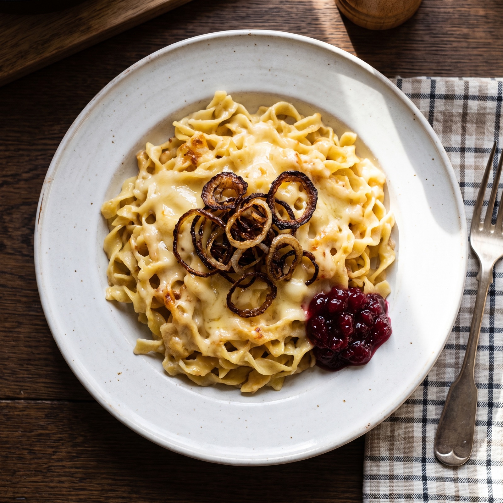 Allgäuer Kässpatzen mit Bergkäse und Preiselbeeren, angerichtet auf einem Teller